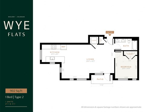 Floor plan for 1 bed, 1 bath, 902 sqft
